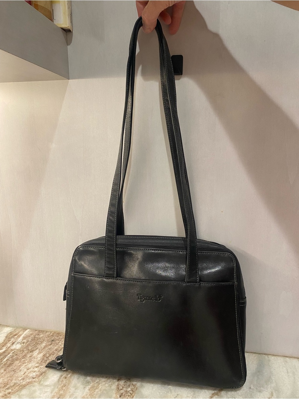Vintage Tignanello Black Leather Organizer Briefcase Shoulder Bag Tote Y2K